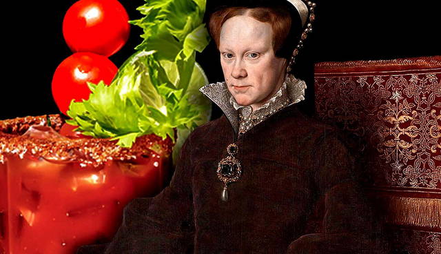 Mary I next to a giant Bloody Mary cocktail.