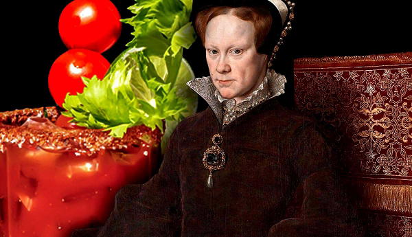 Mary I next to a giant Bloody Mary cocktail.