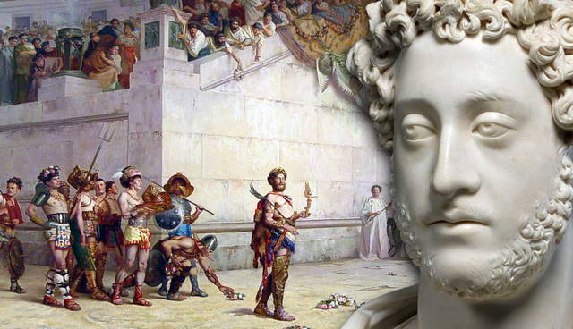 Emperor Commodus bust over gladiatorial arena scene.