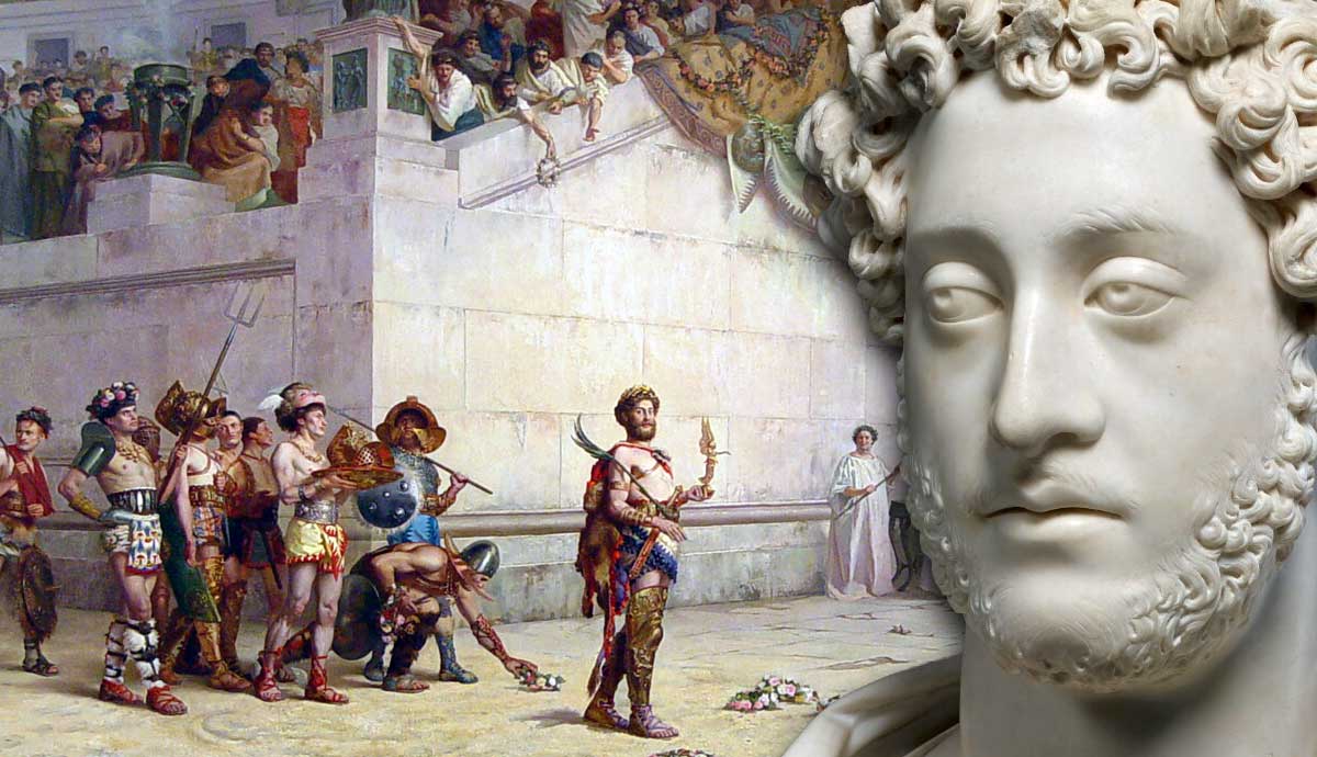 Emperor Commodus bust over gladiatorial arena scene.