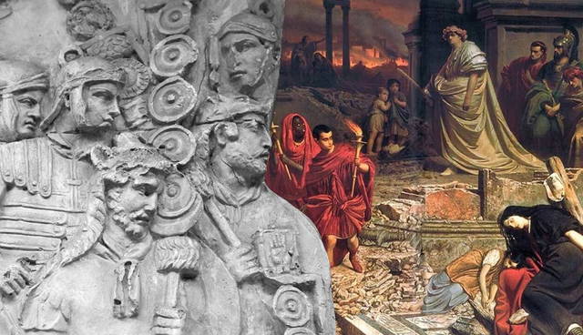 Roman relief sculpture superimposed over painting of burning Rome
