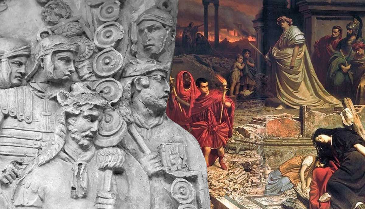 Roman relief sculpture superimposed over painting of burning Rome