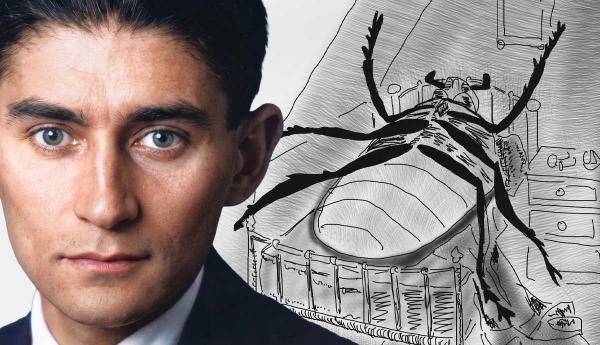Portrait of Franz Kafka beside a metamorphosis illustration.