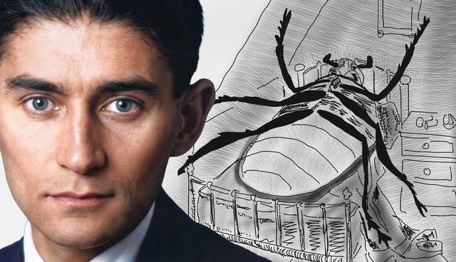 Portrait of Franz Kafka beside a metamorphosis illustration.
