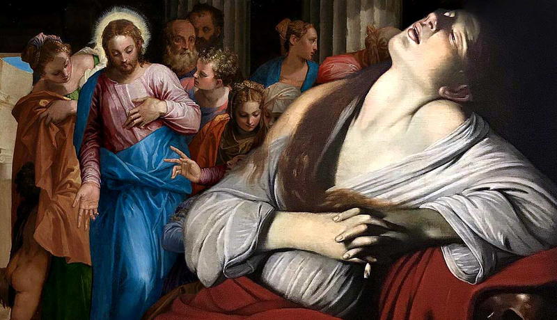Two classic paintings of Mary Magdalene merged together.