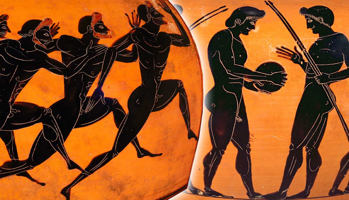 Ancient Greek black figure pottery showing athletes
