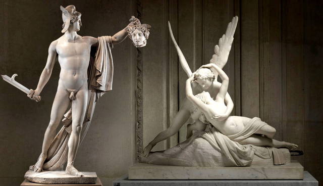 Two white marble sculptures of Perseus and Psyche.