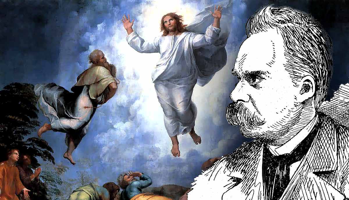 Friedrich Nietzsche superimposed over Raphael's Transfiguration painting.