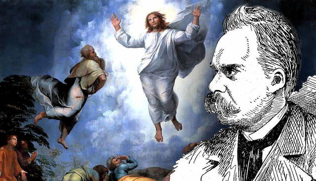 Friedrich Nietzsche superimposed over Raphael's Transfiguration painting.