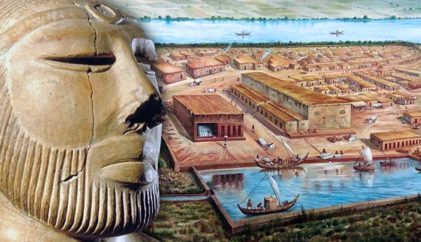Ancient bust overlaid on a river city.