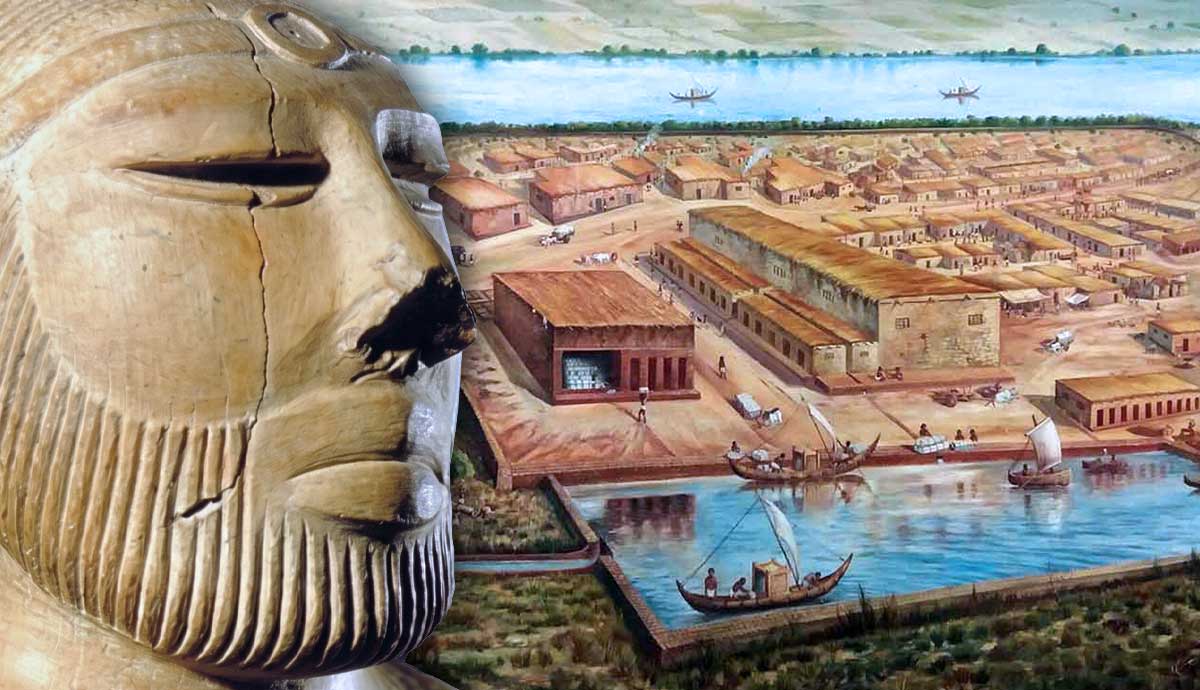 Ancient bust overlaid on a river city.