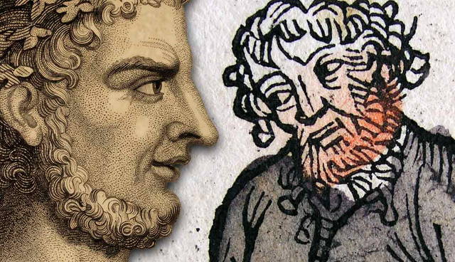 Two historical portraits: a detailed classical profile and a woodcut.
