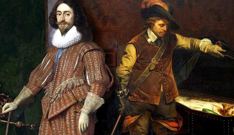 King Charles I beside Cromwell looking into his coffin.