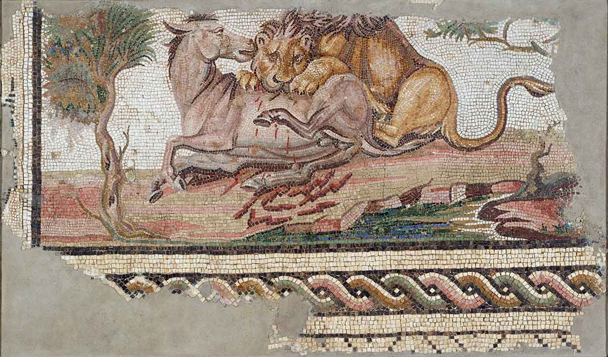 lion attack mosaic hadrumetum getty