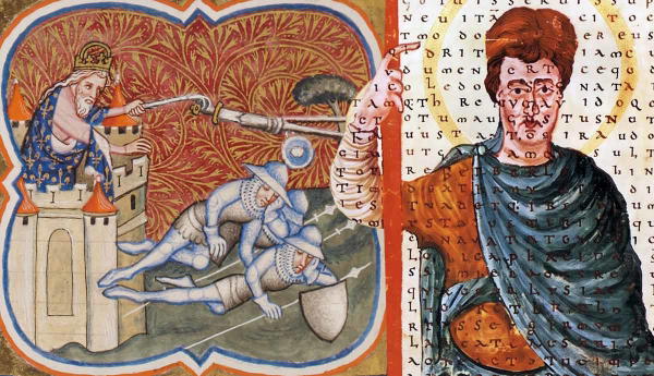 Medieval manuscript depicting a king and soldiers