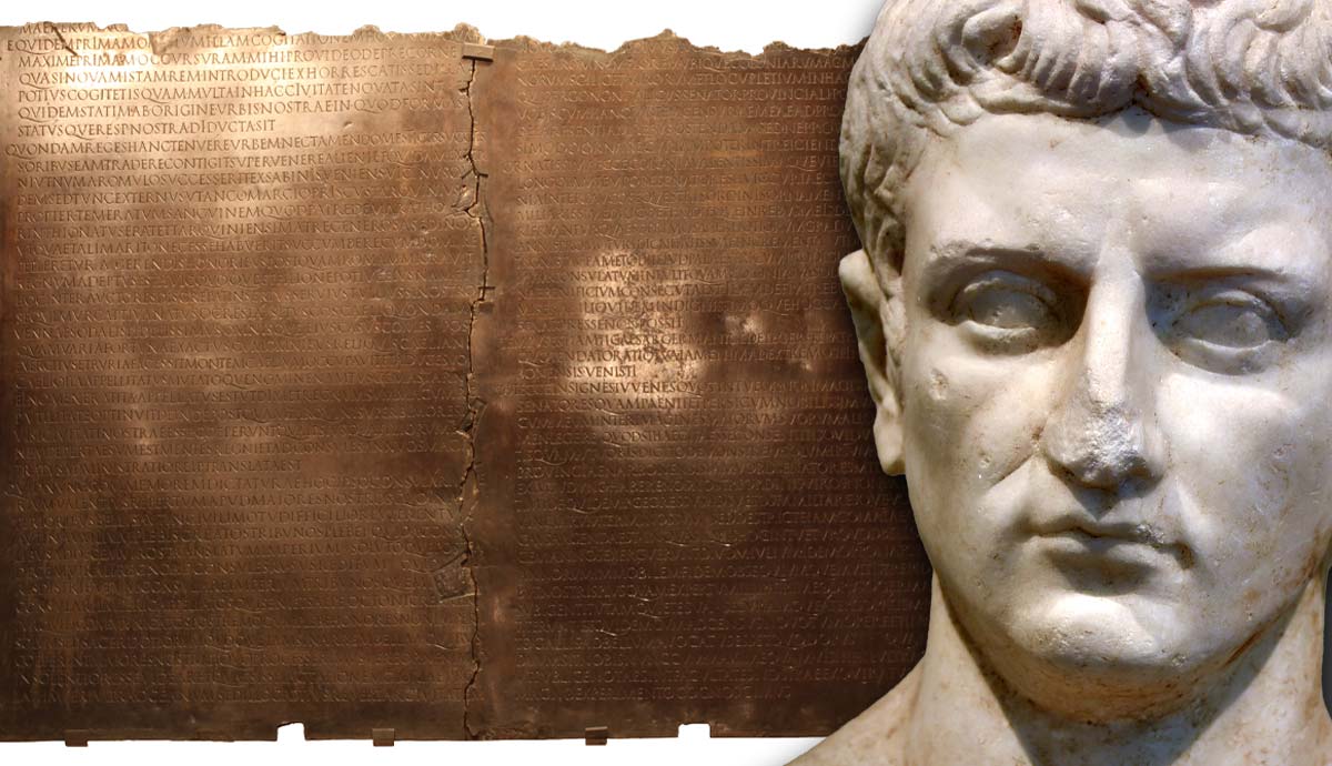 Bust of Emperor Claudius beside bronze Lyon Tablet