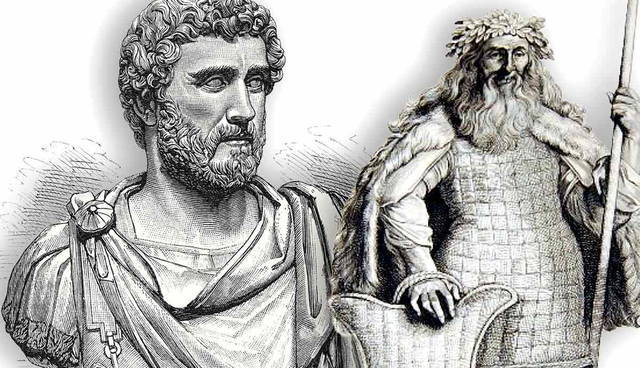 An engraving of a Roman Emperor and a Print of a Marcomanni warrior