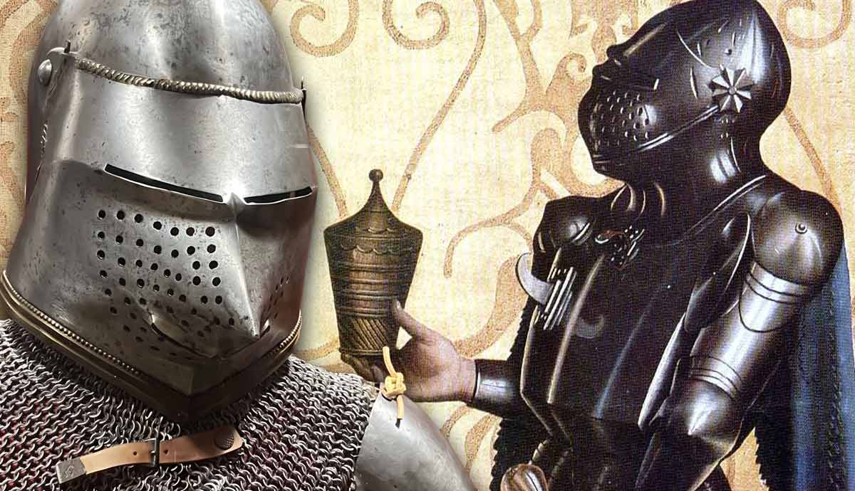 Medieval knight in bascinet helmet and full armor.