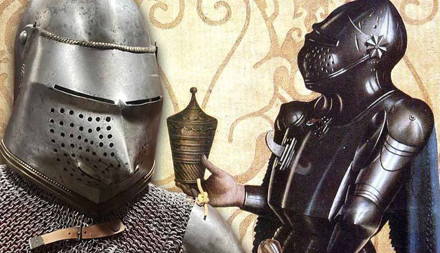 Medieval knight in bascinet helmet and full armor.