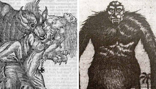Woodcuts of a werewolf and swamp monster
