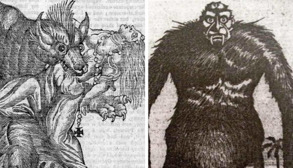 Woodcuts of a werewolf and swamp monster