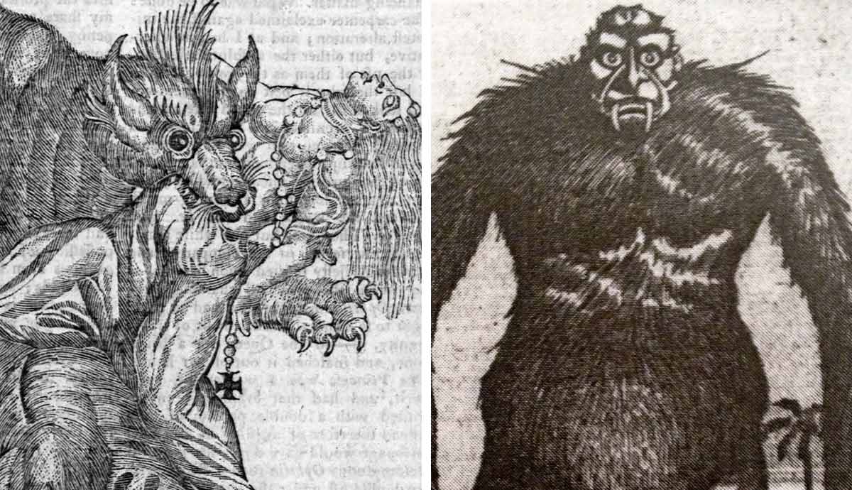 Woodcuts of a werewolf and swamp monster
