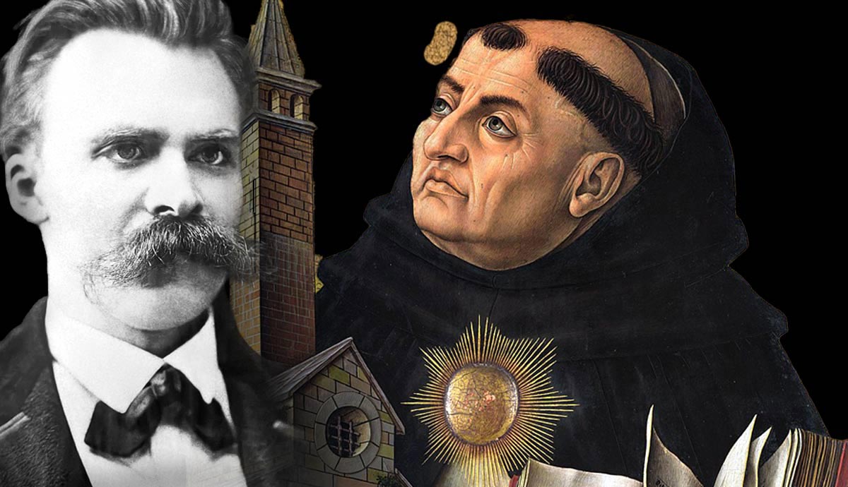 Friedrich Nietzsche and Thomas Aquinas in a composite image.