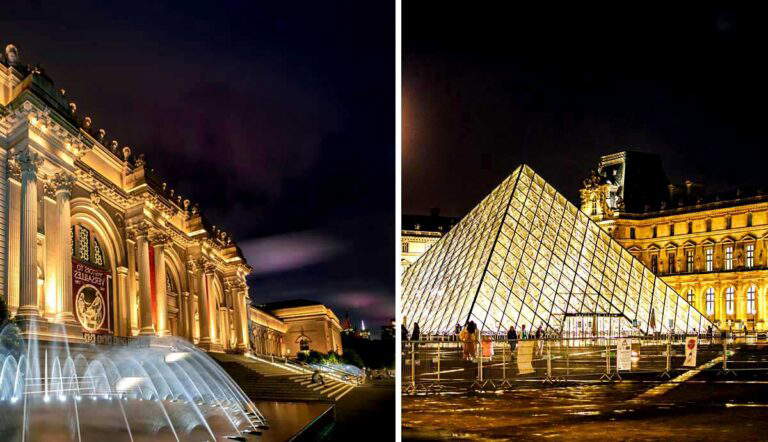 Night views of the Met and Louvre museums