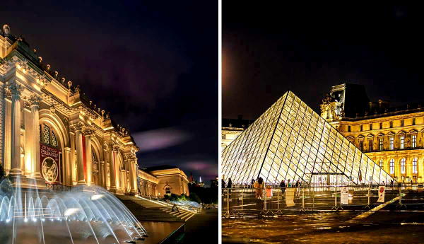 Night views of the Met and Louvre museums