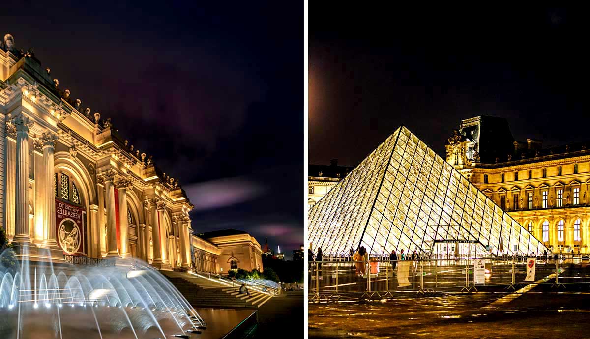 Night views of the Met and Louvre museums