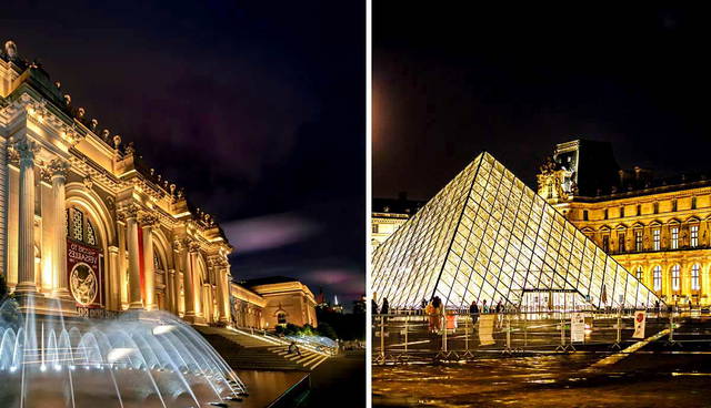 Night views of the Met and Louvre museums