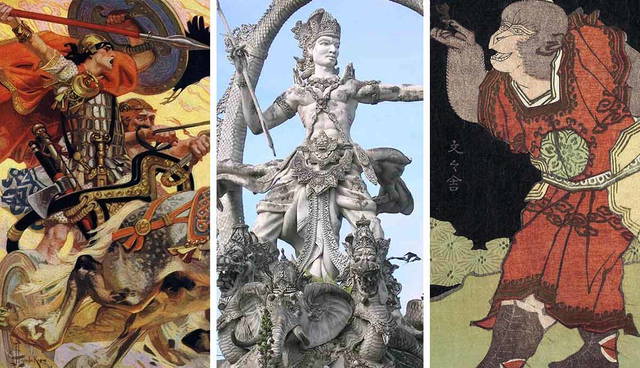 Three panels showing mythological figures with weapons from different cultures