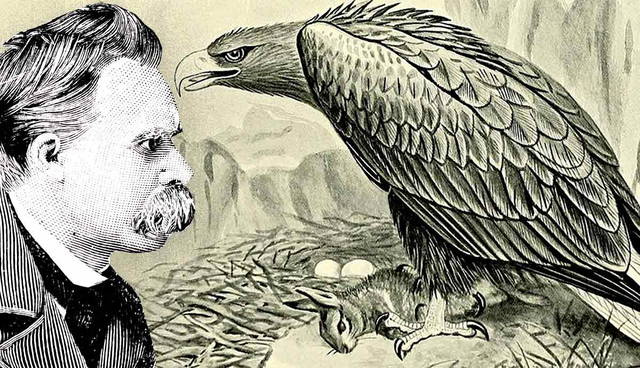 Friedrich Nietzsche staring at a large bird