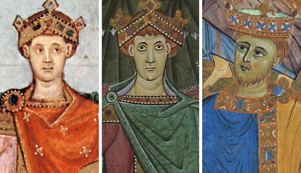 Three medieval portraits of kings in crowns and robes