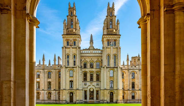 All Souls College, Oxford University through stone archway