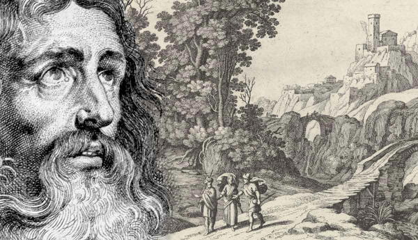 The bust of Plato, in a niche with Three Men on Road, by Paul Bril