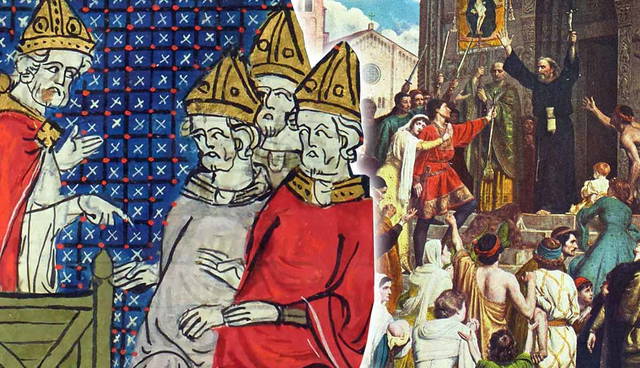 Medieval illustration and painting of clergy and crowd.