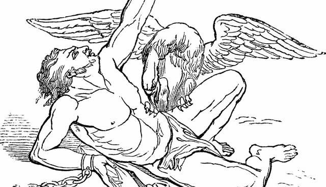 Prometheus chained to rock, eagle eating liver