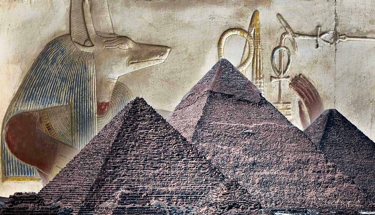 Anubis mural overlaid on the Great Pyramids.