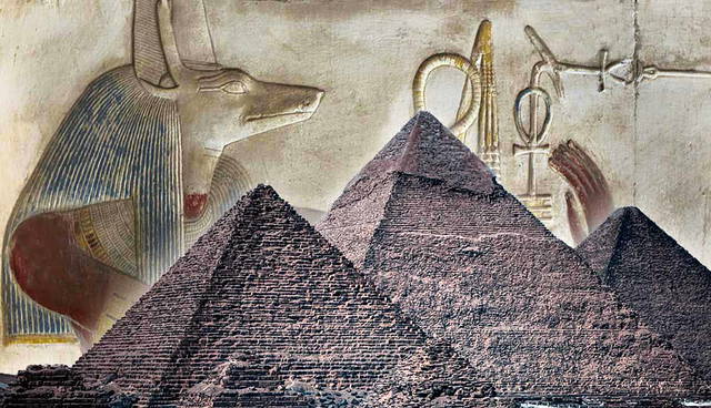 Anubis mural overlaid on the Great Pyramids.