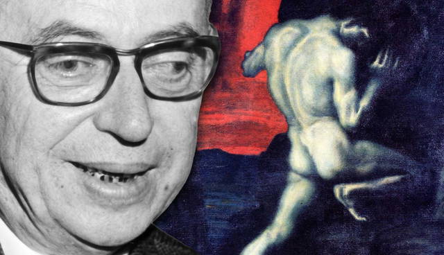Jean-Paul Sartre beside a painting of Sisyphus