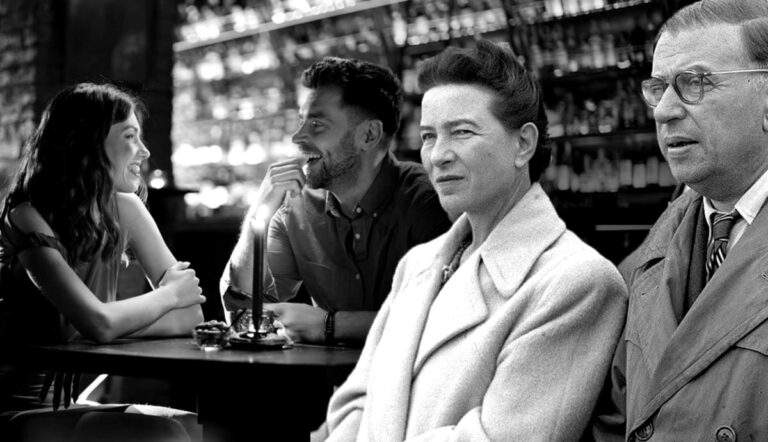 Black-and-white image of Simone de Beauvoir and Jean-Paul Sartre.