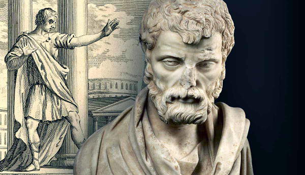 A Roman bust and an illustration of a man.