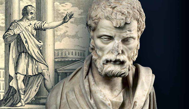 A Roman bust and an illustration of a man.