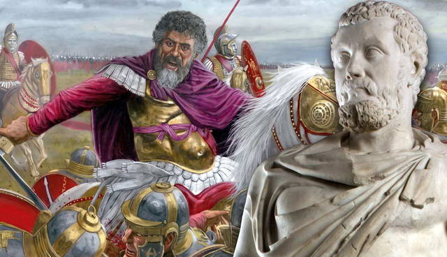 A Roman general in battle beside a marble bust