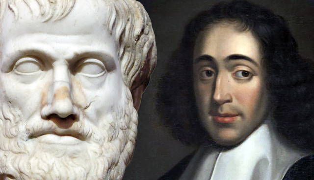 Bust of Aristotle next to a portrait of Spinoza.