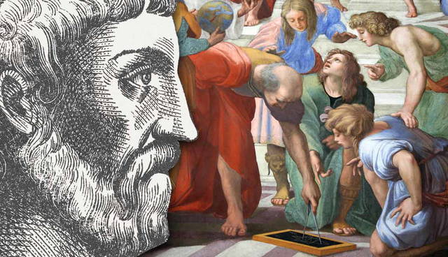 A bearded philosopher's profile beside Raphael's School of Athens.