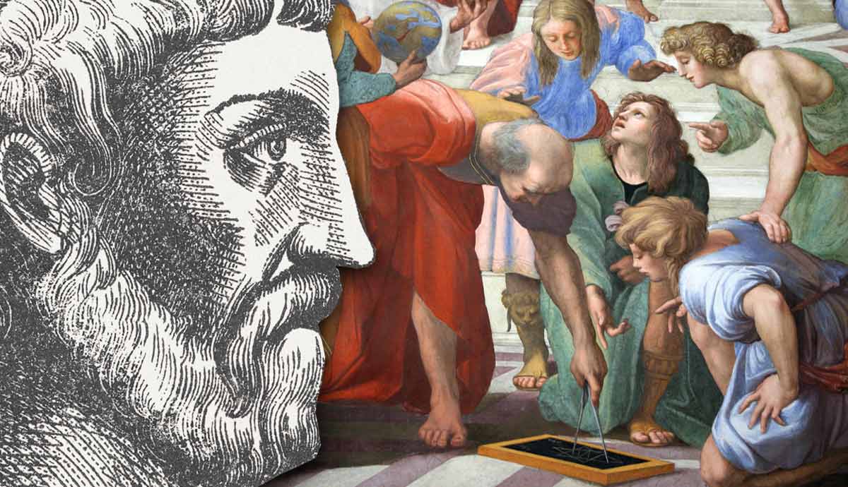 A bearded philosopher's profile beside Raphael's School of Athens.