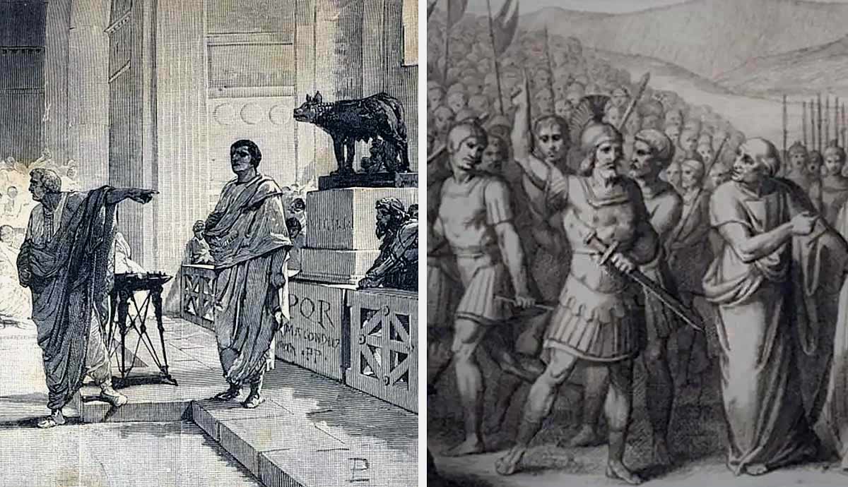 Two historical illustrations depicting scenes from ancient Rome.