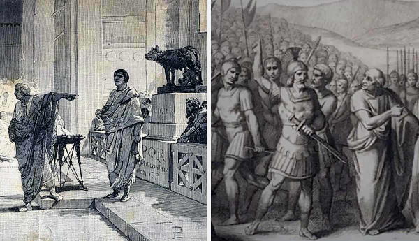 Two historical illustrations depicting scenes from ancient Rome.